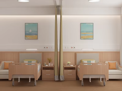 Two Comfortable Hospital Beds In Double Room With Wooden Headboards Nightstands And Seascape Paintings 3d model