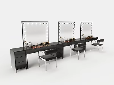 Set of Three Black Vanity Tables With Illuminated Mirrors Makeup Accessories And Chairs 3d model