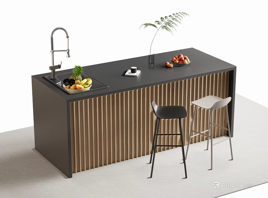 Bar Counter with Black Countertop Wooden Slats Fresh Fruits Green Plant and Bar Stools 3d model 