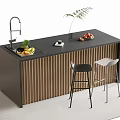 Bar Counter with Black Countertop Wooden Slats Fresh Fruits Green Plant and Bar Stools