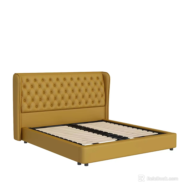 Yellow Upholstered Double Bed With Diamond Tufted Headboard And Bed Slats 3d model 