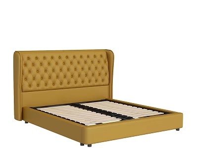 Yellow Upholstered Double Bed With Diamond Tufted Headboard And Bed Slats 3d model