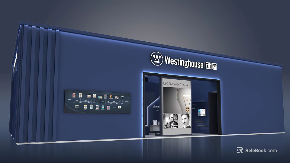 Westinghouse Exhibition Booth With Blue Exterior Brand Logo Entrance Display And Product Screen 3d model 