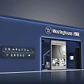 Westinghouse Exhibition Booth With Blue Exterior Brand Logo Entrance Display And Product Screen