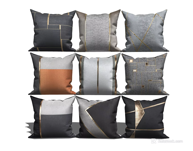 Modern Geometric Throw Pillows with Gold Accent Lines Gray Black Brown Patterns 3d model