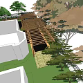 Park Landscape Design With Wooden Pergola White Table Chairs Stairs And Green Plants