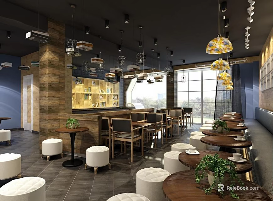 Modern Café Interior With Wooden Bar Hanging Lamps Round Tables And Green Plants 3d model 
