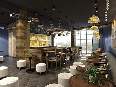 Modern Café Interior With Wooden Bar Hanging Lamps Round Tables And Green Plants 3d model