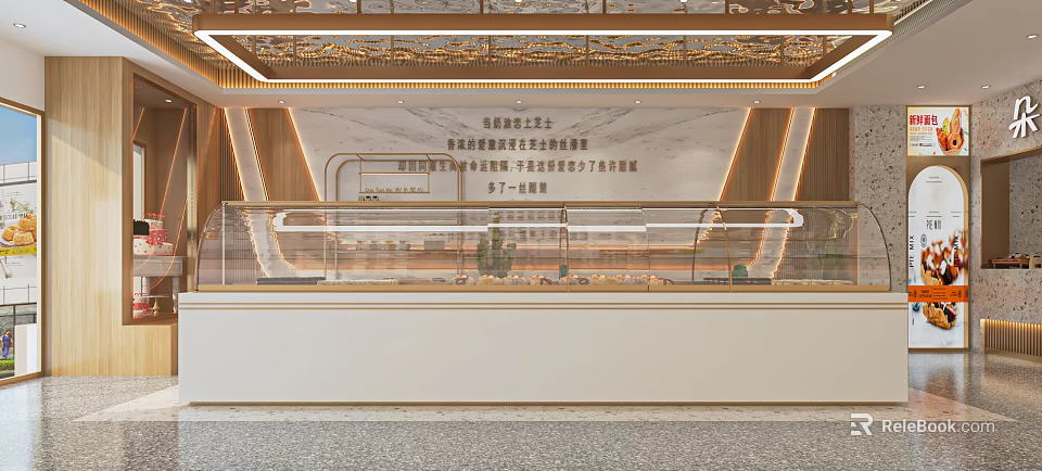 Modern Luxury Dessert Shop With Glass Display Counter Marble Wall And Gold Accent Lighting 3d model 