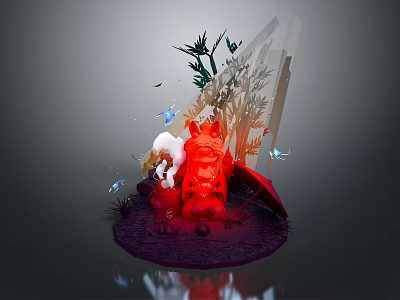 Red Character And White Haired Figure With Plants Butterflies And Umbrella Like Structure 3d model