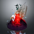 Red Character And White Haired Figure With Plants Butterflies And Umbrella Like Structure