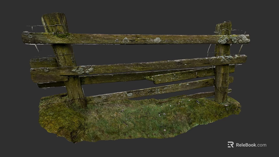 Old Weathered Wooden Fence With Mossy Posts And Grass Covered Base 3d model 