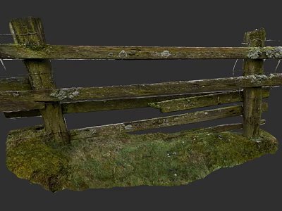 Old Weathered Wooden Fence With Mossy Posts And Grass Covered Base 3d model