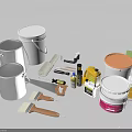 Decorative Ornament Set Featuring Silver White Buckets Brushes Scrapers Tape And Small Bottles