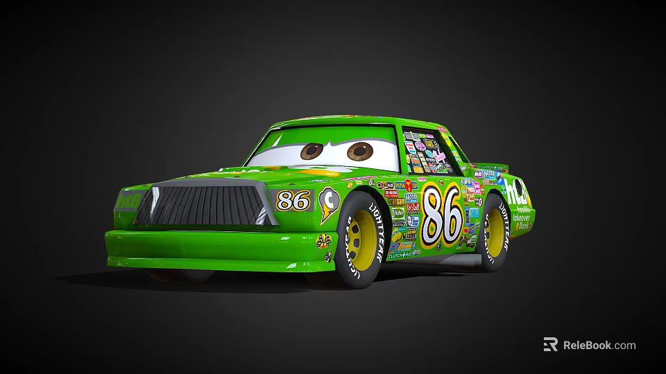 Green Race Car With Number 86 Cartoon Eyes And Decorative Stickers On Body 3d model 