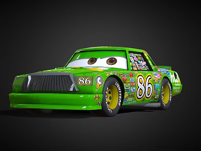 Green Race Car With Number 86 Cartoon Eyes And Decorative Stickers On Body 3d model