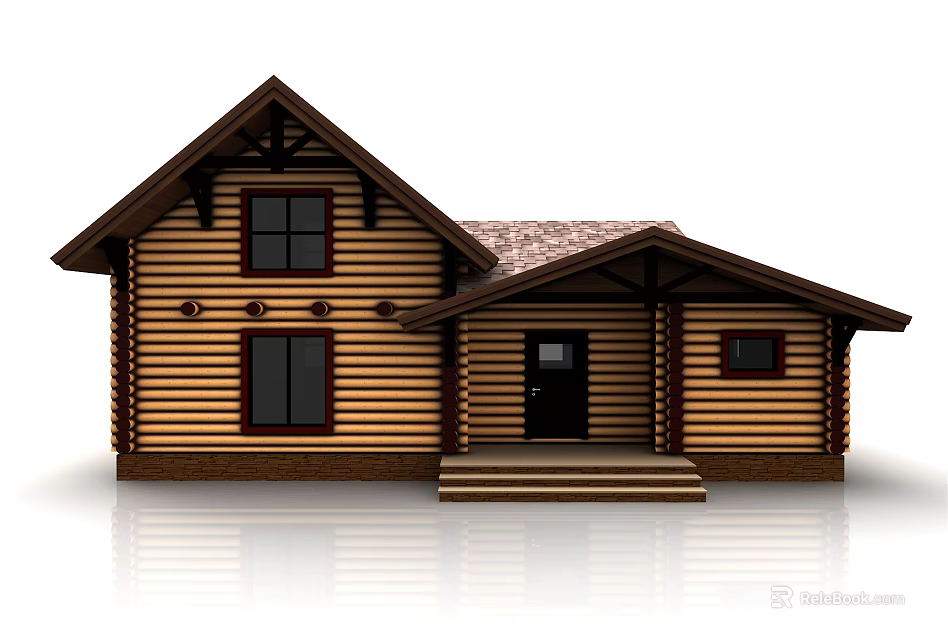 Traditional Log Cabin Exterior With Brown Tiled Roof Wooden Windows And Front Steps 3d model 
