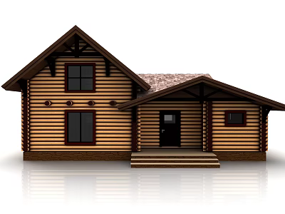 Traditional Log Cabin Exterior With Brown Tiled Roof Wooden Windows And Front Steps 3d model