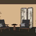 Middle-ancient style leisure chair side several combination screen partition potted books 3d model