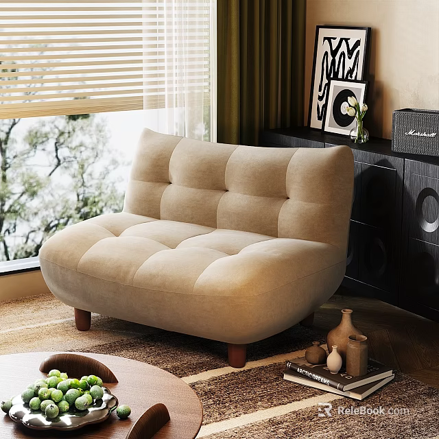 Beige Bean Bag Sofa With Square Cushions And Wooden Legs In Cozy Living Room Setting With Natural Light 3d model 