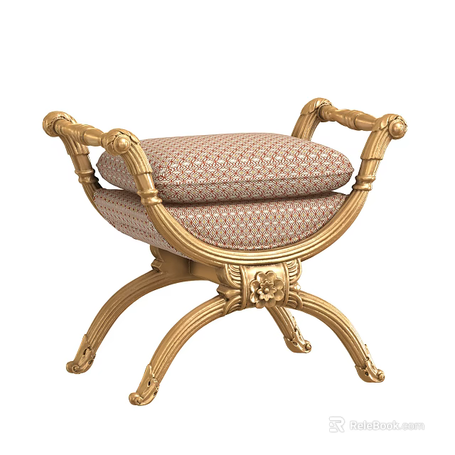 Elegant Golden Sofa Bench With Intricate Carved Frame And Patterned Fabric Cushion 3d model 
