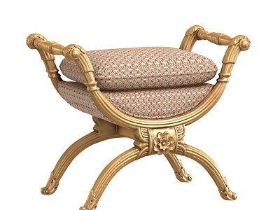 Elegant Golden Sofa Bench With Intricate Carved Frame And Patterned Fabric Cushion 3d model