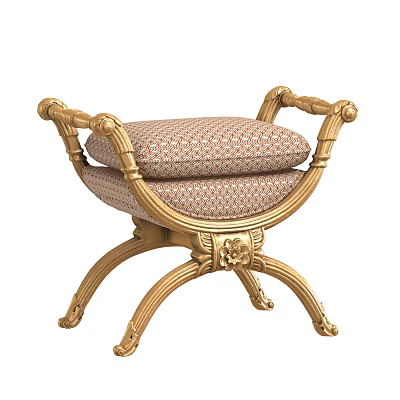 Elegant Golden Sofa Bench With Intricate Carved Frame And Patterned Fabric Cushion 3d model