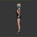 3D Female Character With Double Colored Hair Arm Tattoos Black Sleeveless Dress Open Arms Pose