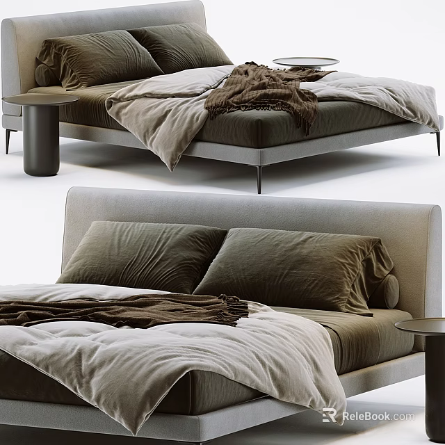 Modern Minimalist Double Bed With Cozy Pillows Soft Blanket And Round Side Table 3d model 