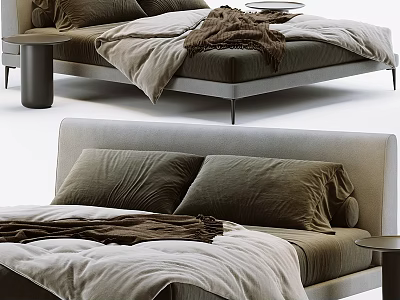 Modern Minimalist Double Bed With Cozy Pillows Soft Blanket And Round Side Table 3d model