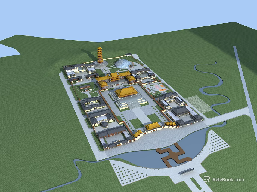 Ancient Architectural Complex With Traditional Layout Tower Courtyards And Water Systems 3d model 