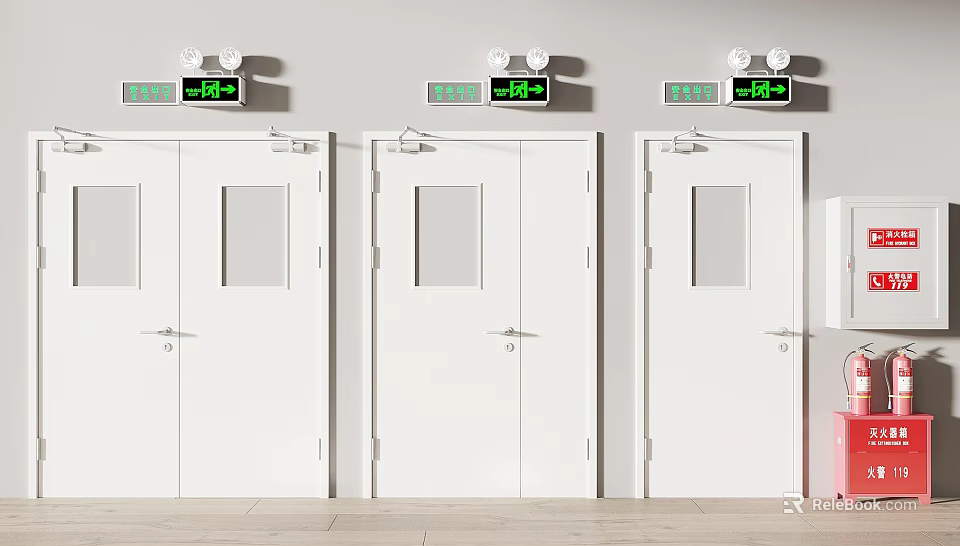 White Safety Doors With Green Electronic Displays In Simple Building Interior 3d model 
