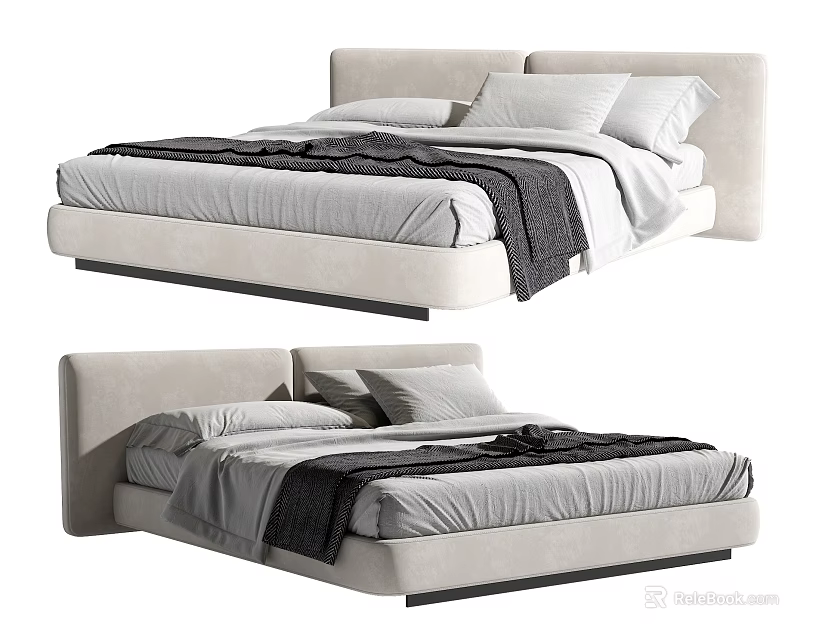 Modern Double Bed with Upholstered Headboard Gray White Bedding and Fabric Frame 3d model