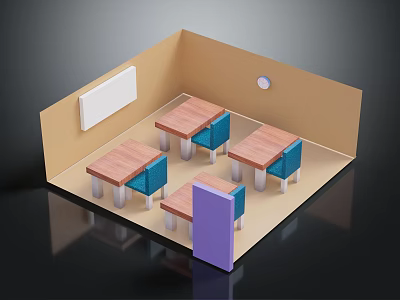 Classroom Interior Design With Wooden Tables Blue Chairs Whiteboard And Purple Door 3d model