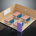 Classroom Interior Design With Wooden Tables Blue Chairs Whiteboard And Purple Door
