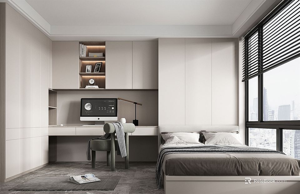 Modern Tatami Bedroom Interior Design with Built-in Desk Storage Cabinets and Cozy Bed 3d model 