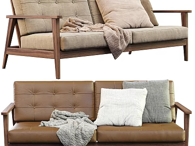 Stylish Two Seater Sofa With Wooden Armrests Soft Pillows And Cozy Blanket 3d model