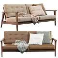 Stylish Two Seater Sofa With Wooden Armrests Soft Pillows And Cozy Blanket