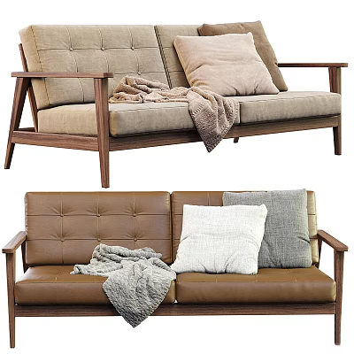 Stylish Two Seater Sofa With Wooden Armrests Soft Pillows And Cozy Blanket 3d model