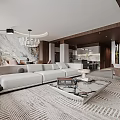 Modern Elegant Open Plan Living And Dining Room With Marble Accents And Warm Wood Furnishings
