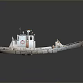 Detailed Vintage Metal Boat Model With White Cabin Deck Railings And Chimney On Weathered Hull