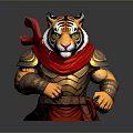 Stylized 3D Tiger Model Wearing Golden Armor and Red Cape with Muscular Build
