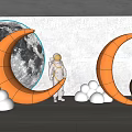 Astronaut Standing Between Yellow Crescent Moons With Moon Backdrop And Cloud Shapes 3d model