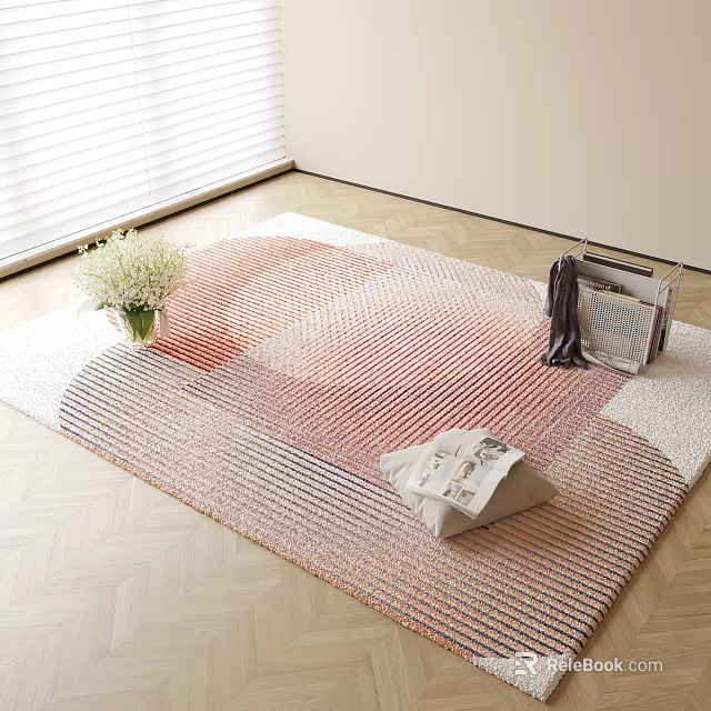 Square Rug With Pink Beige Gradient Pattern And White Flower Vase Magazine On Wooden Floor 3d model 
