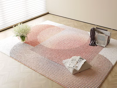 Square Rug With Pink Beige Gradient Pattern And White Flower Vase Magazine On Wooden Floor 3d model