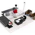Modern Sofa And Coffee Table Set With Colorful Cushions Glass Top And Brown Armchair