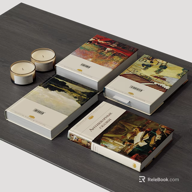 Art Themed Books With Colorful Painting Covers On Dark Desktop And Decorative Candles 3d model 