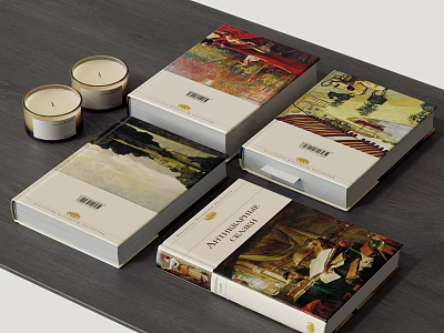 Art Themed Books With Colorful Painting Covers On Dark Desktop And Decorative Candles 3d model