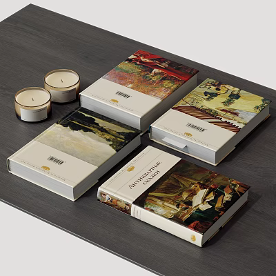 Art Themed Books With Colorful Painting Covers On Dark Desktop And Decorative Candles 3d model