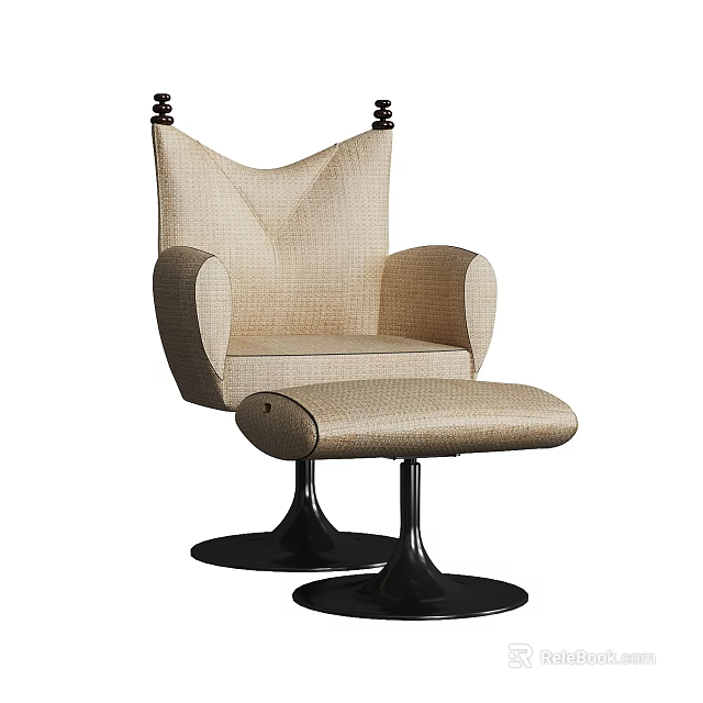 Beige Upholstered Leisure Chair With Ottoman And Black Base In Modern Design 3d model 